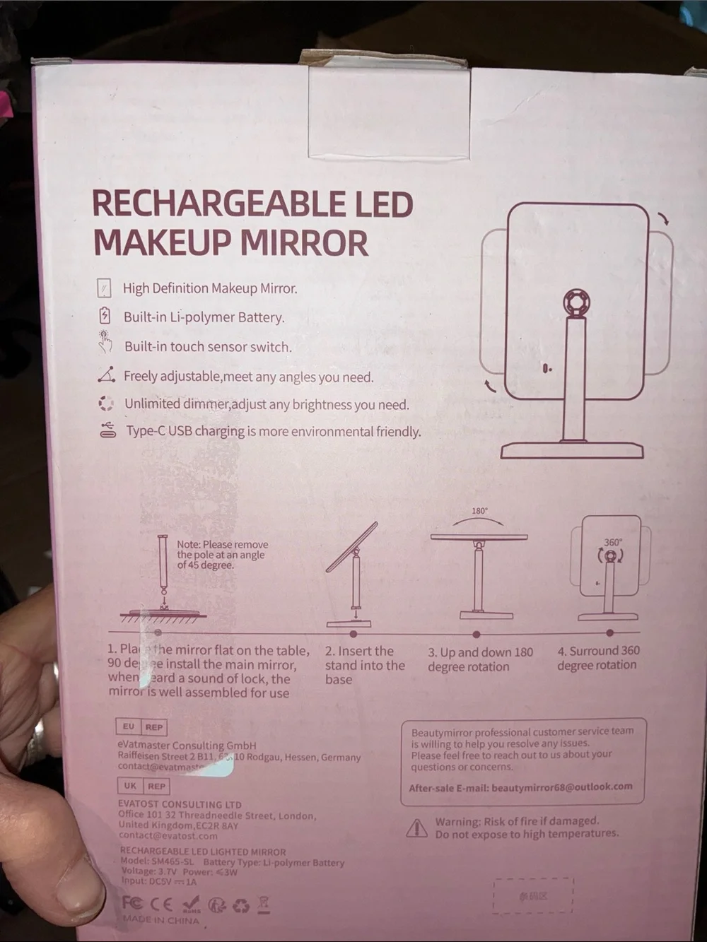 Rechargeable LED Makeup Mirror - Pink & White